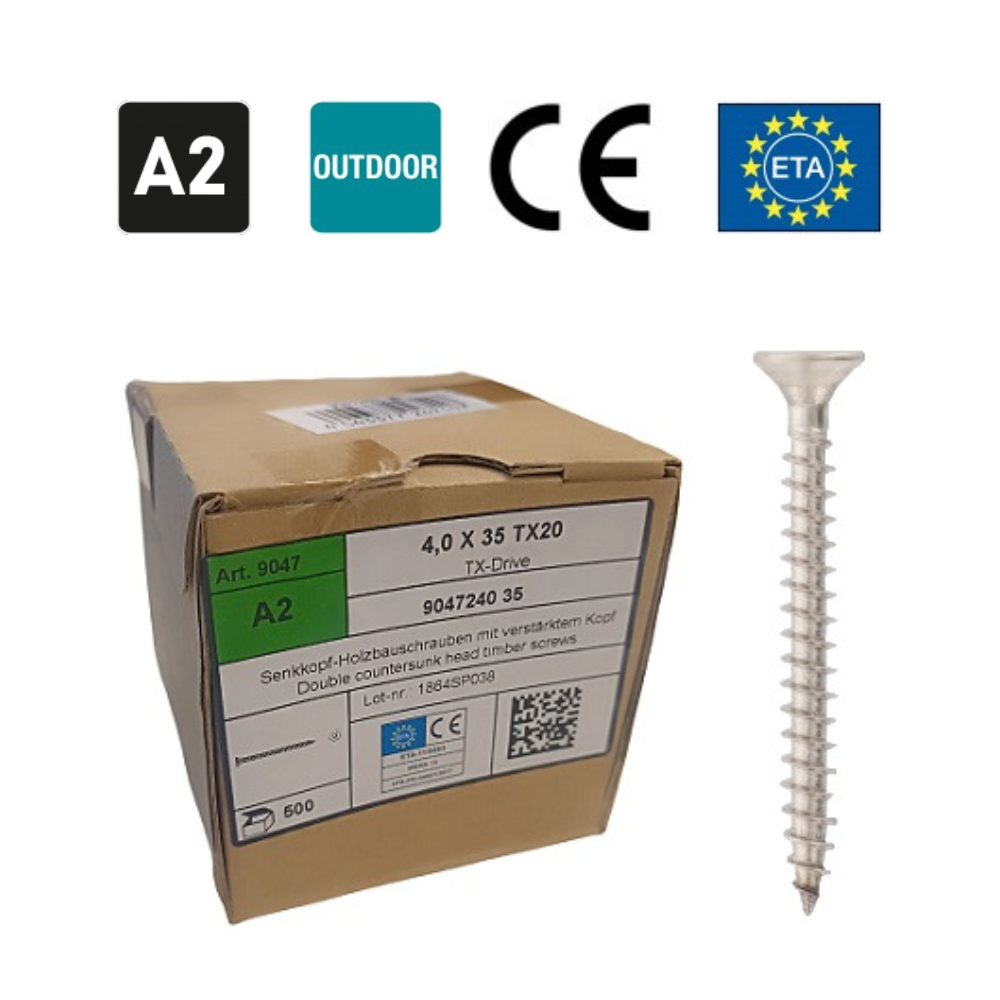 9047 - Isekeermestavad kruvid kiltkivile, peitpea, täiskeere (4,0 x 35 mm) (500 tk) A2